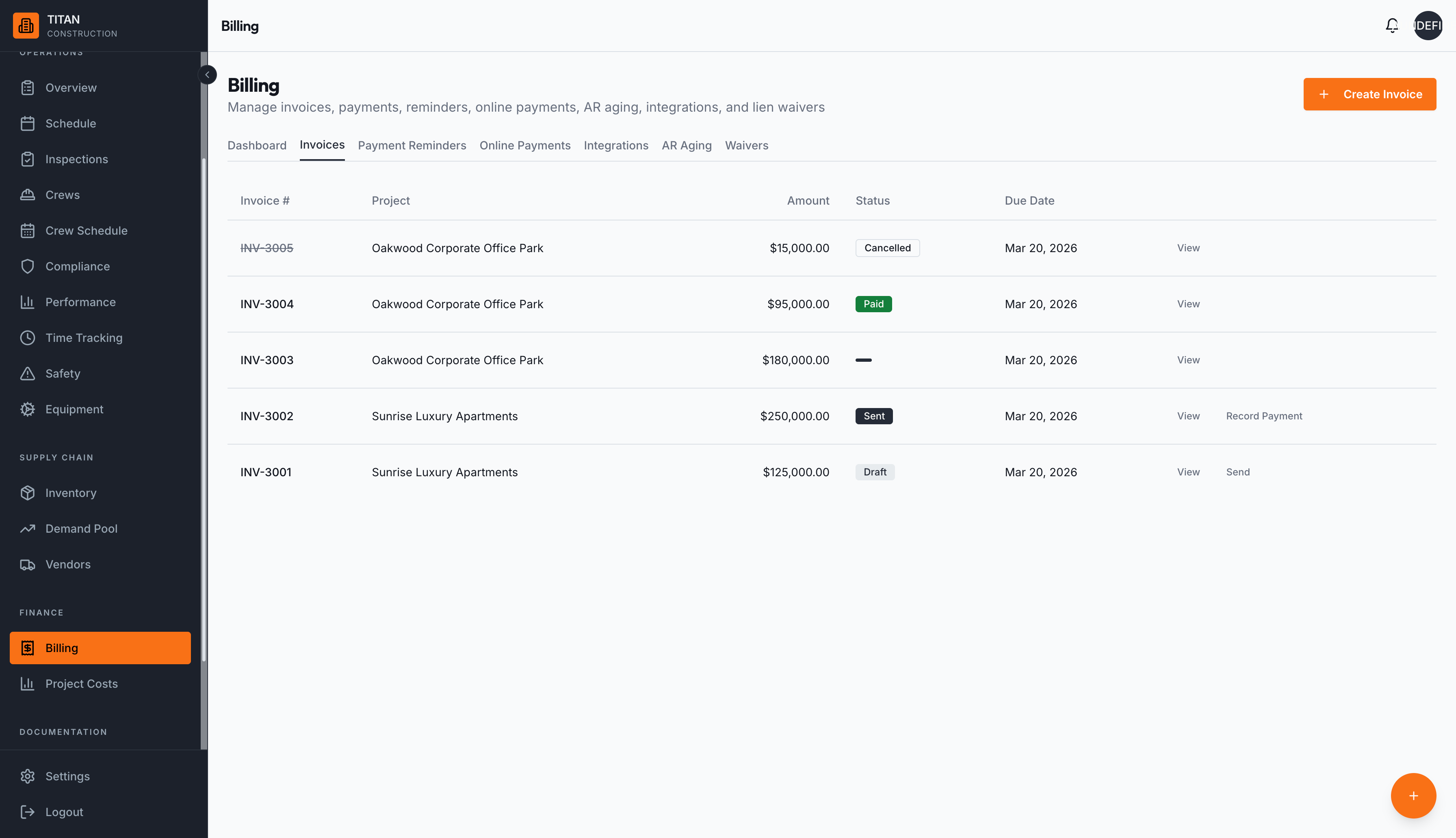 Invoice management with status tracking