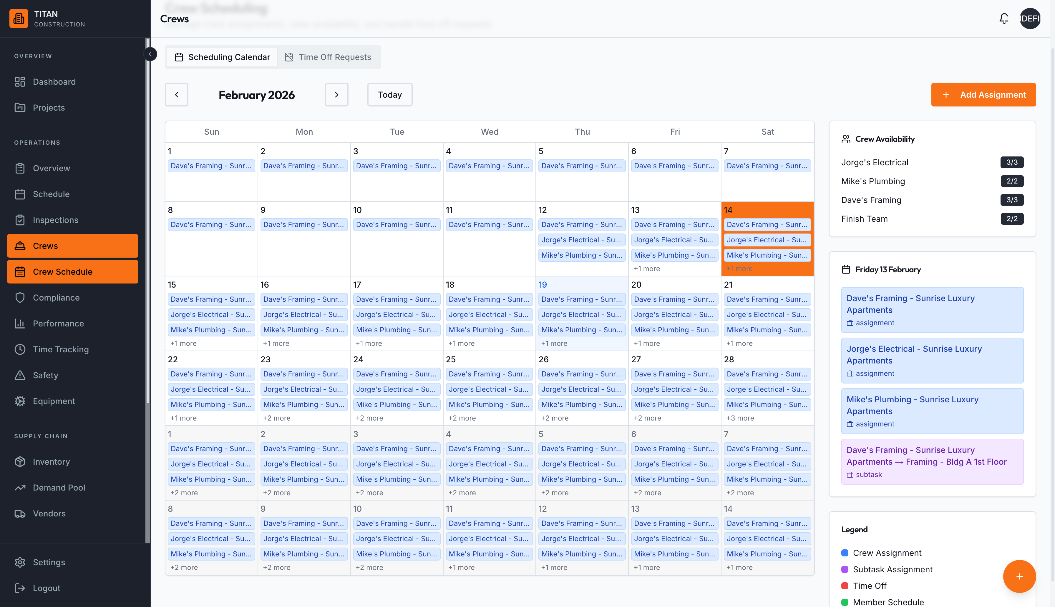 Crew scheduling calendar with assignments