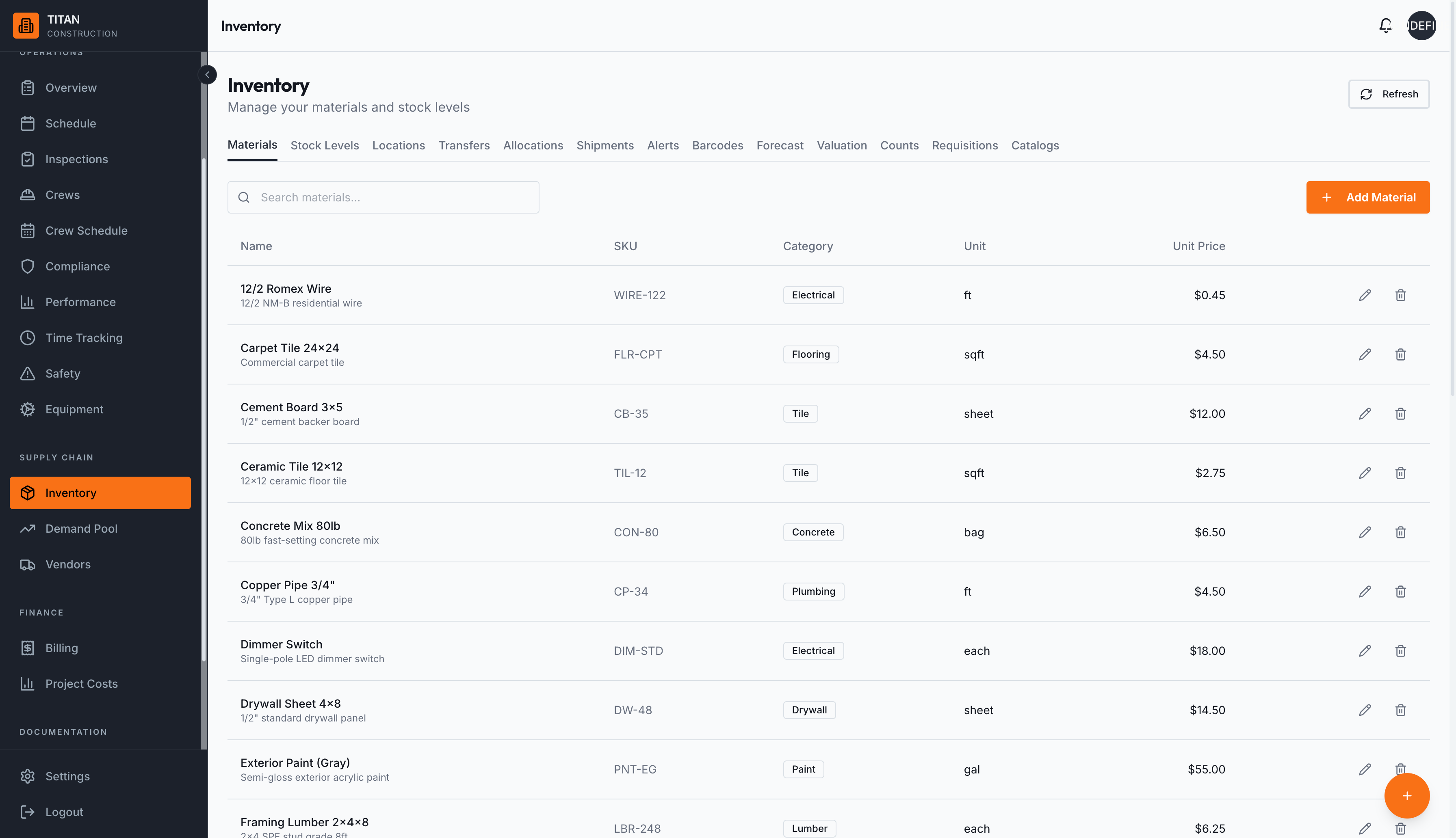 Materials catalog