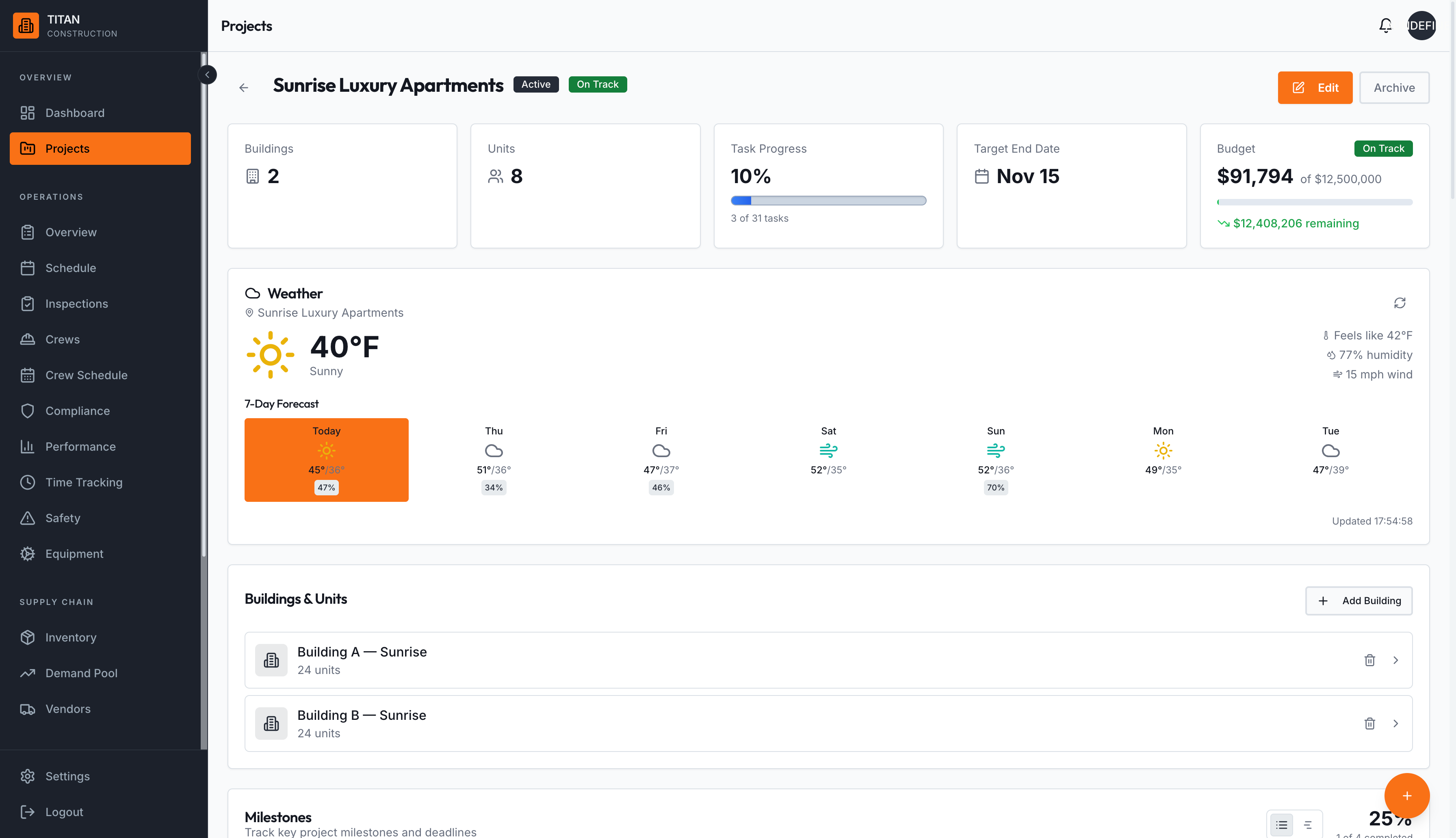 Project detail with buildings, units, weather widget, and milestones