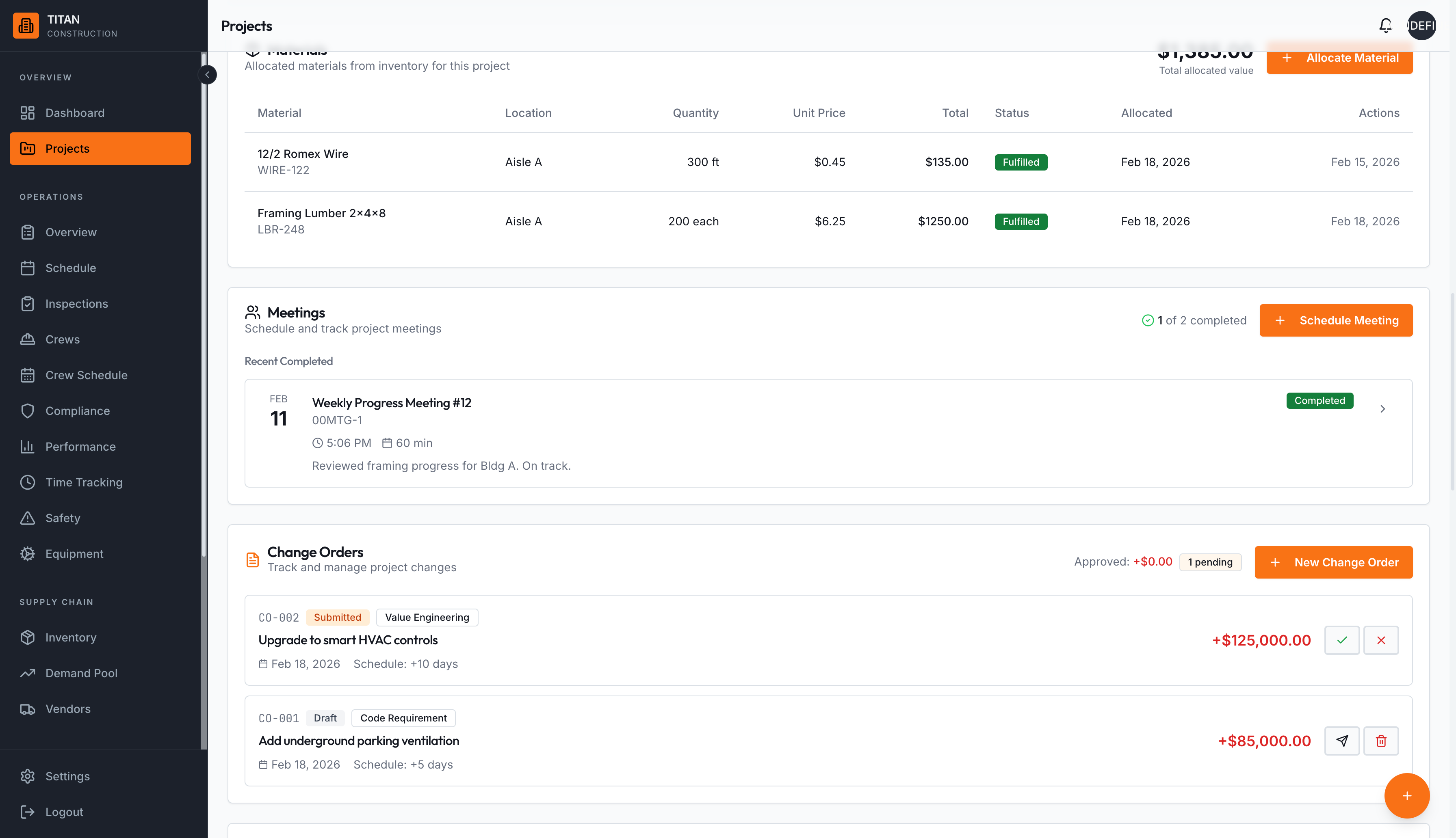 Project detail showing materials, meetings, and change orders