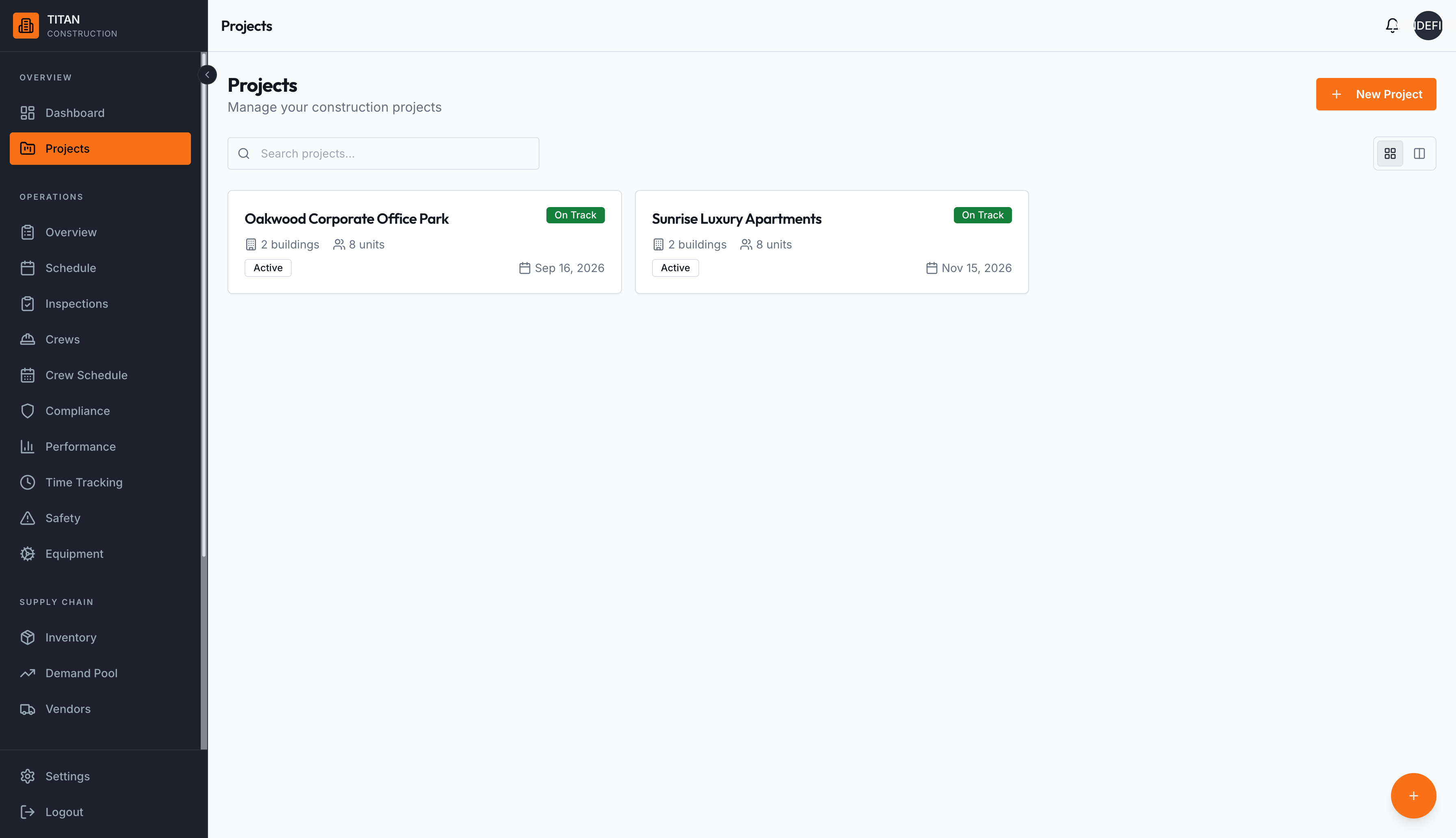 Project listing with grid view