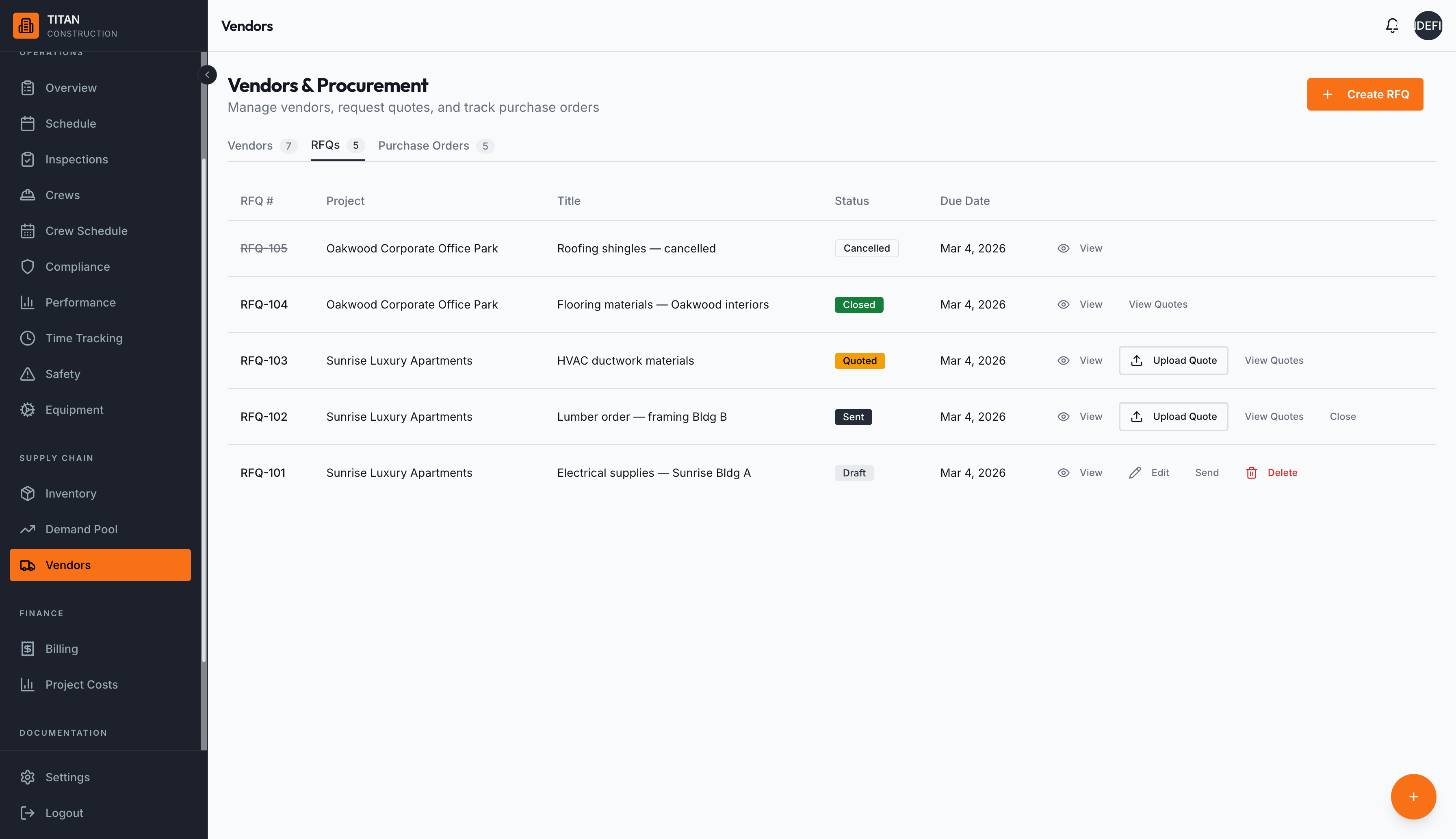 RFQ management with status workflow