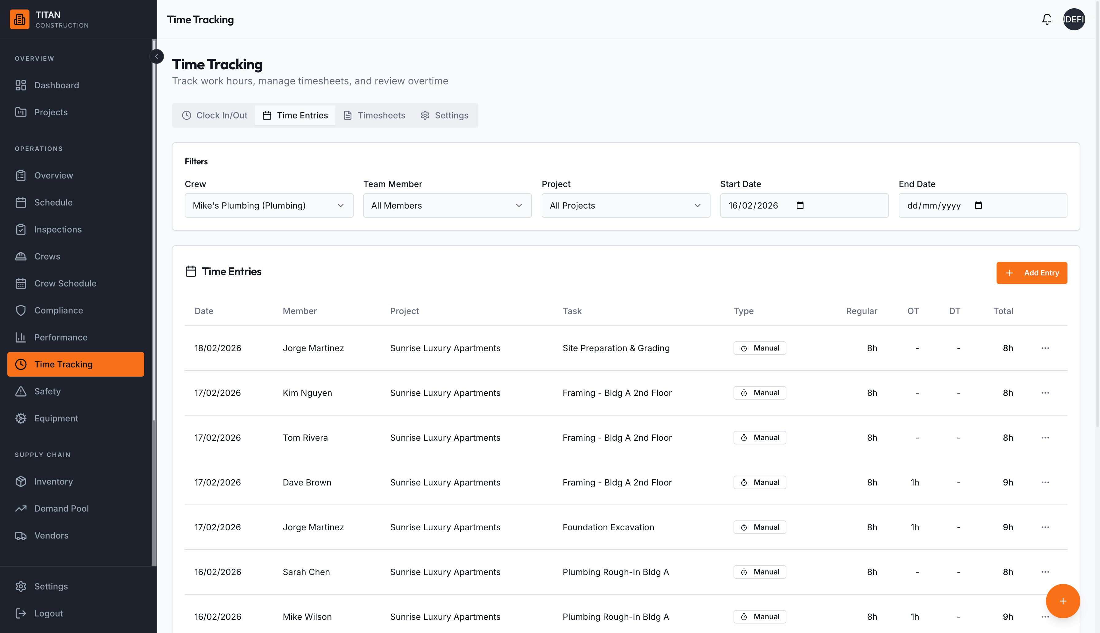 Time tracking with entries, filtering, and overtime