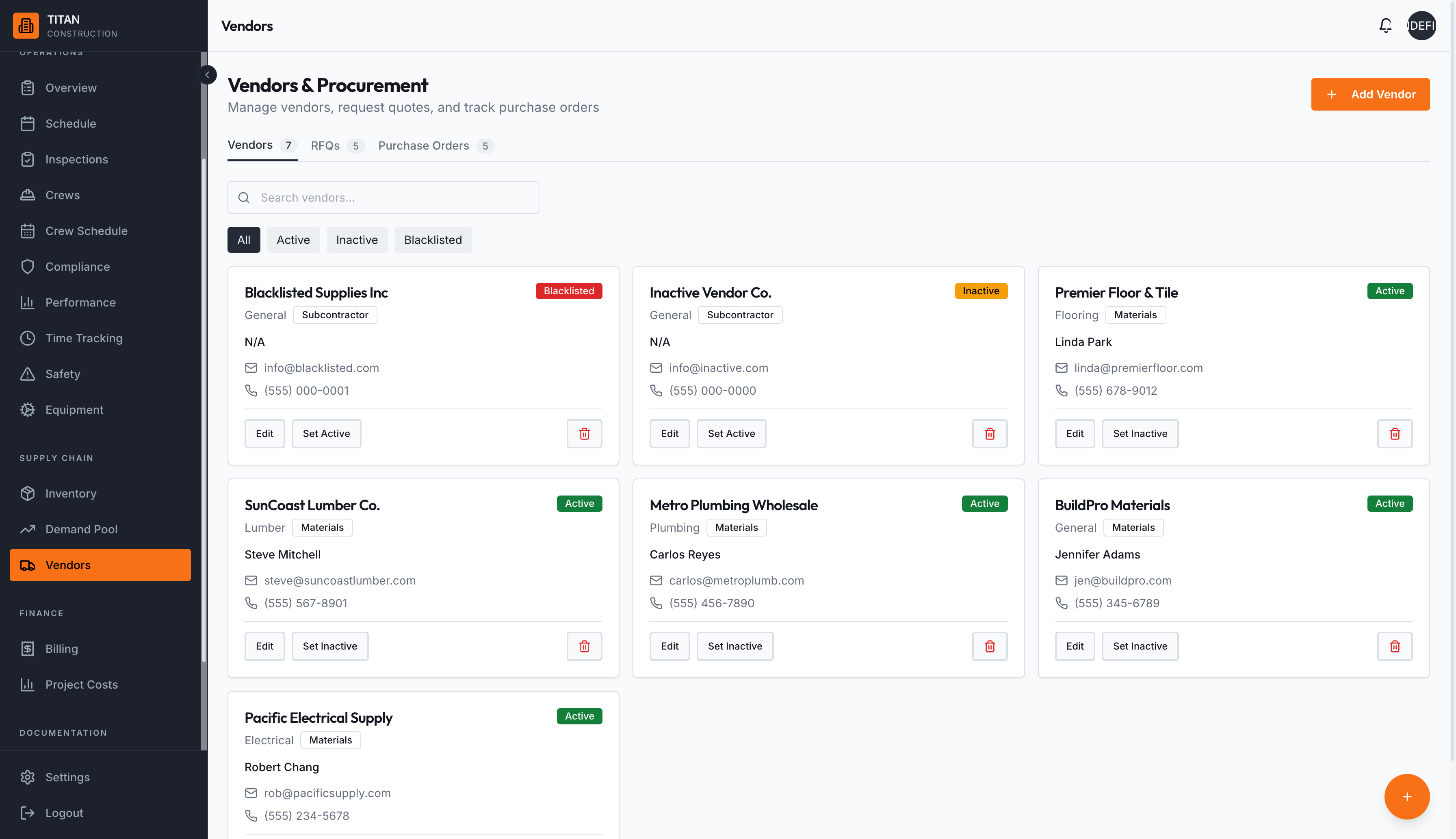 Vendor directory with status badges